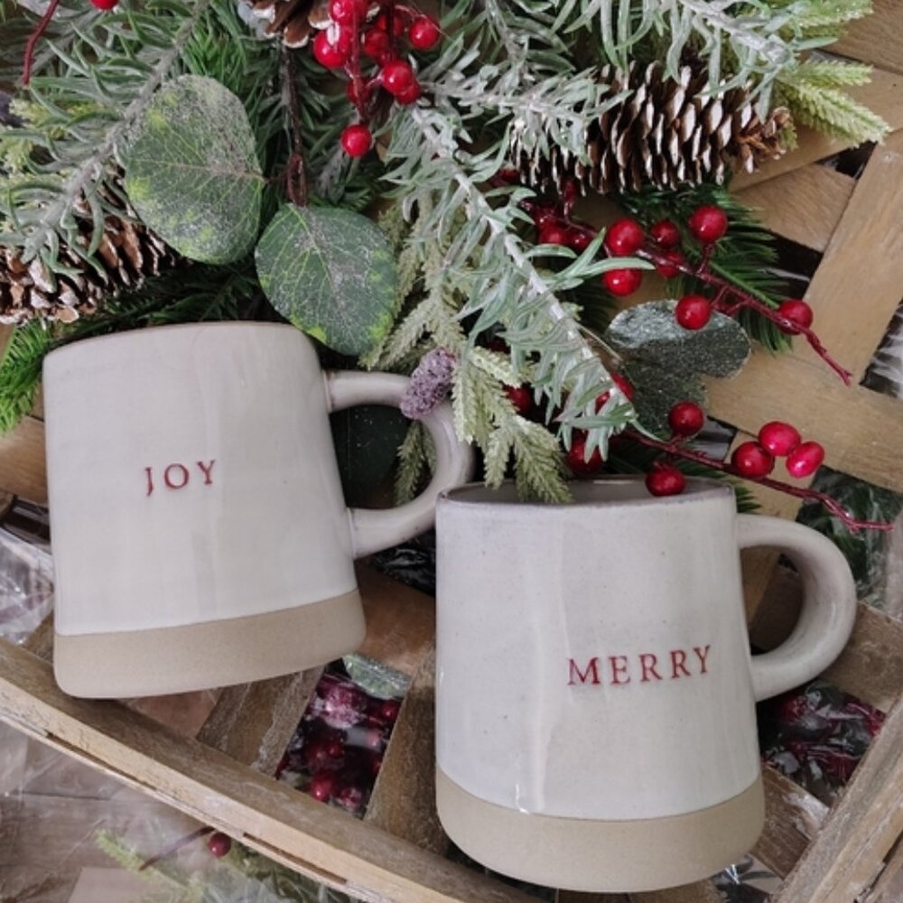 Hearth & Hand Magnolia Stoneware Coffee Mug Set | 16 oz | Holiday “Merry & Joy” - Picture 4 of 4